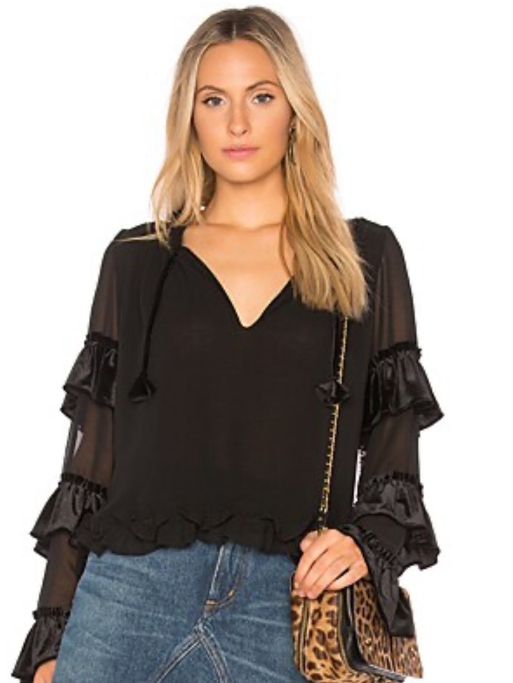 MISA Los Angeles Black Ruffle Sleeve V-Neck Women's Top